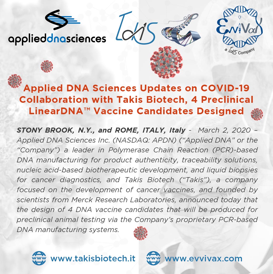 Applied DNA Sciences Updates on COVID-19 Collaboration with Takis Biotech, 4 Preclinical LinearDNA™ Vaccine Candidates Designed 